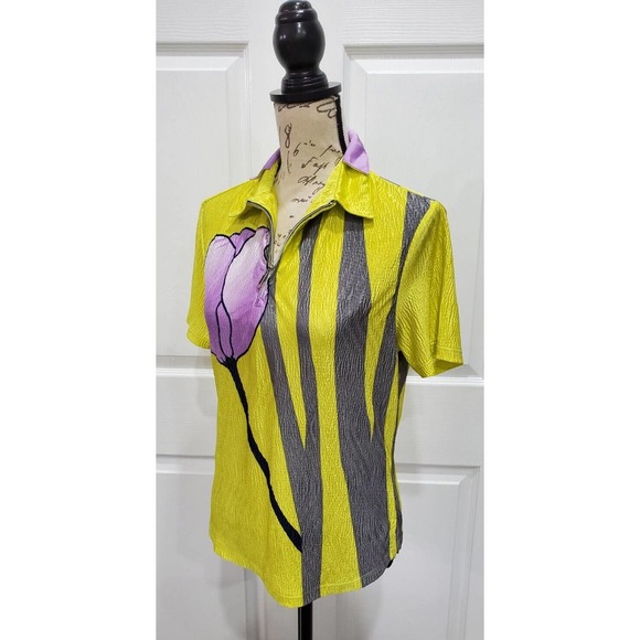 DKNY GOLF Yellow Lavender Gray Crinkle Fabric 1/2 Zip Short Sleeve Top Medium - Picture 2 of 5